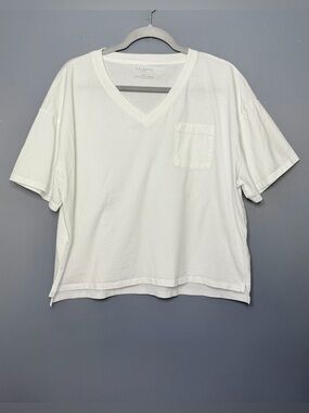 Talbots Shirt Womens Petite PXL White Pima Cotton V Neck Boxy Tee Top Relaxed